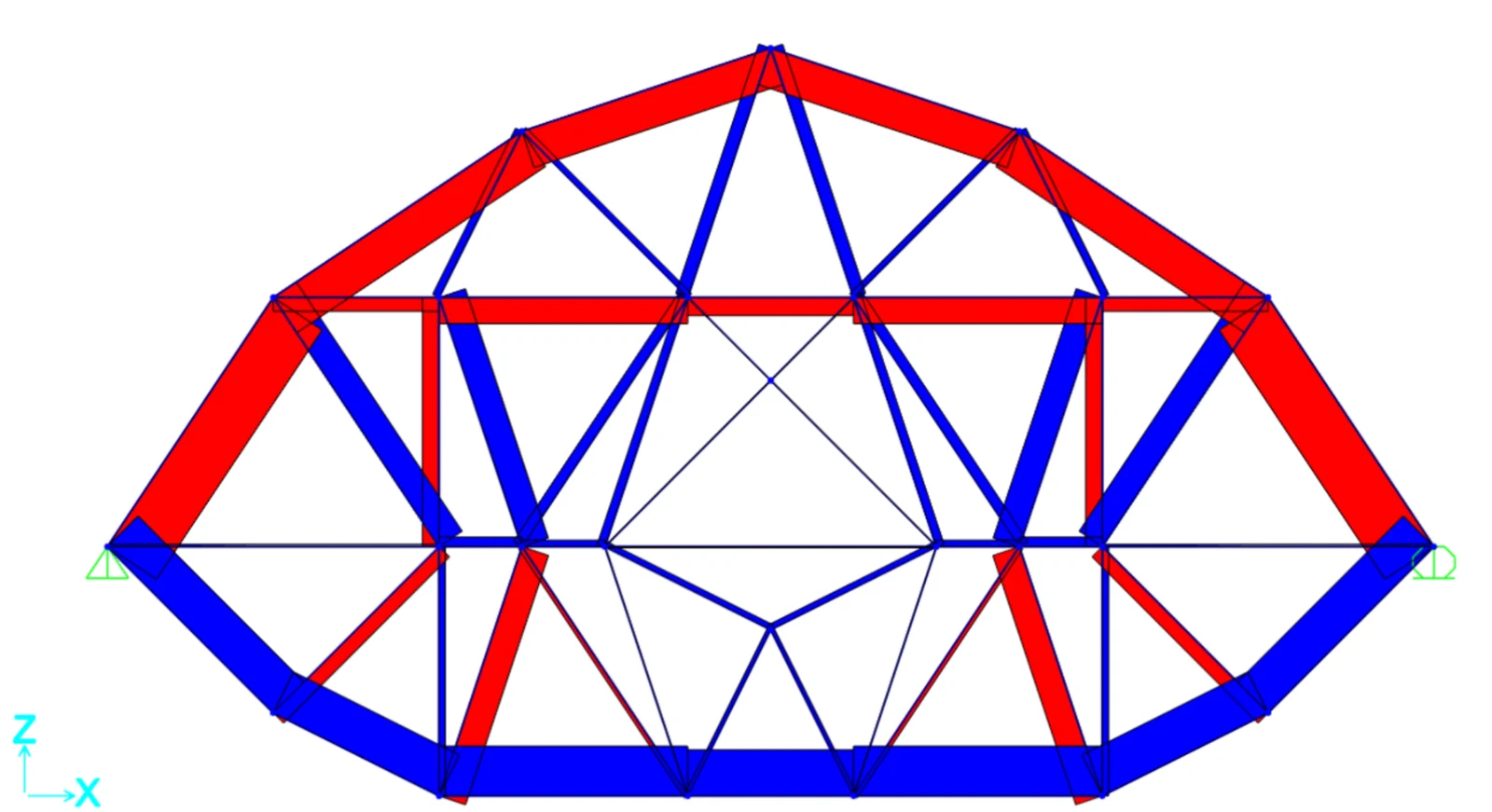 SAP2000 truss model with colored tension and compression members