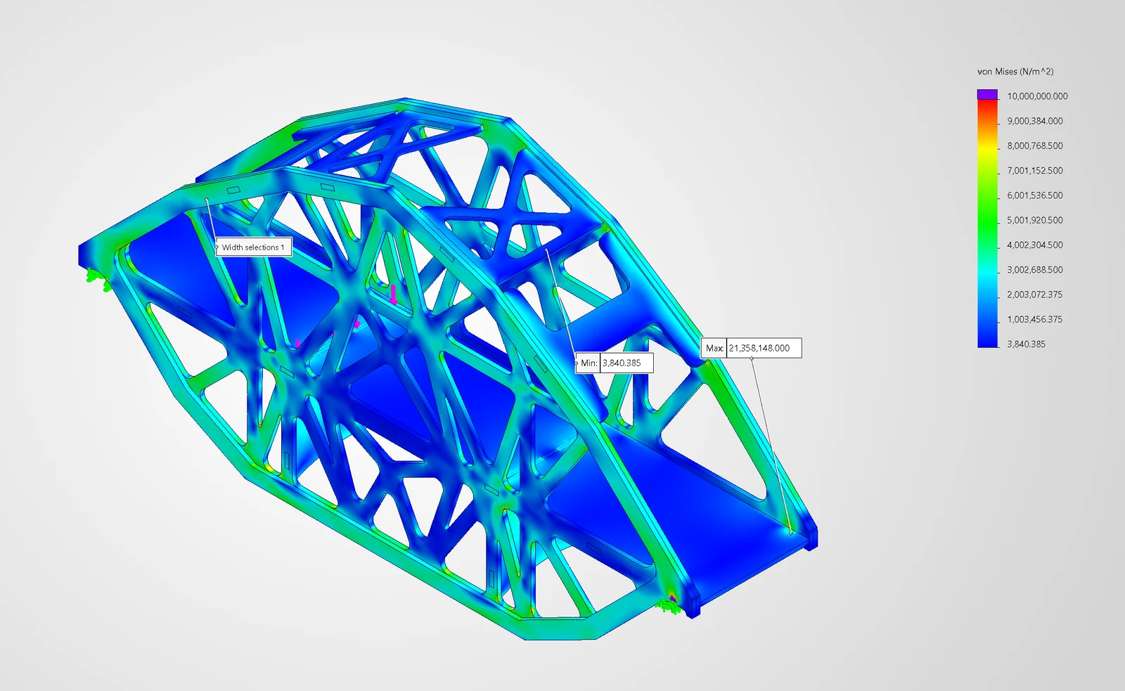 SolidWorks finite-element stress analysis of the bridge