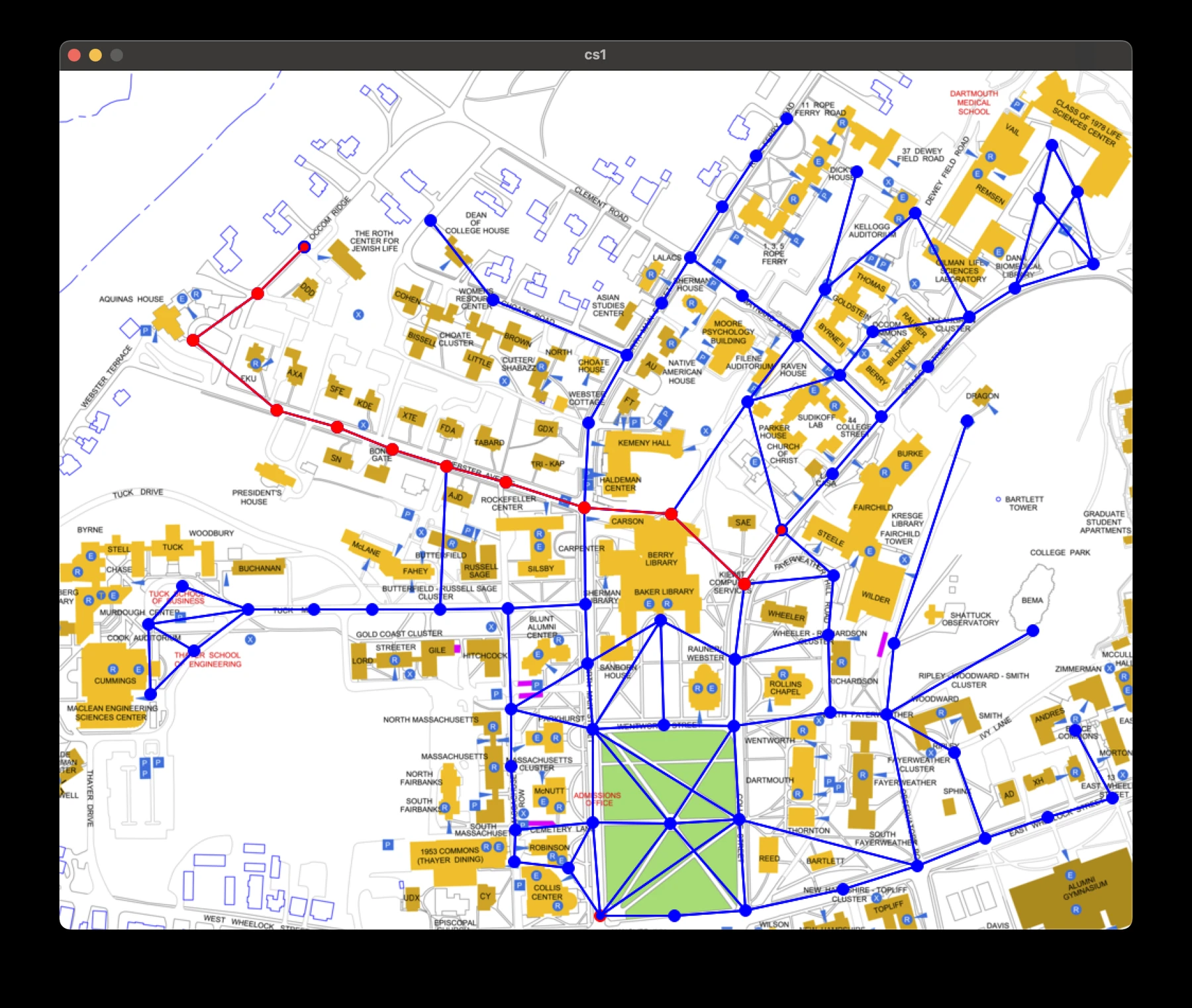 A second campus-map screenshot with a different route highlighted in red
