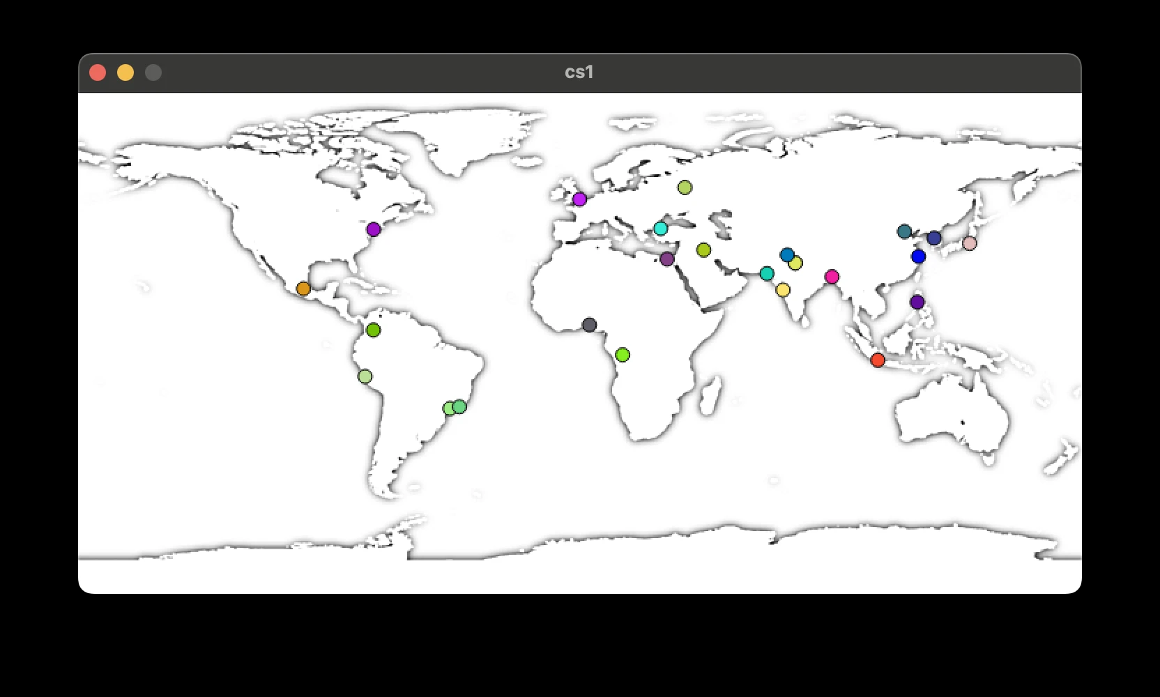 World map with colored markers at cities plotted by a Python program