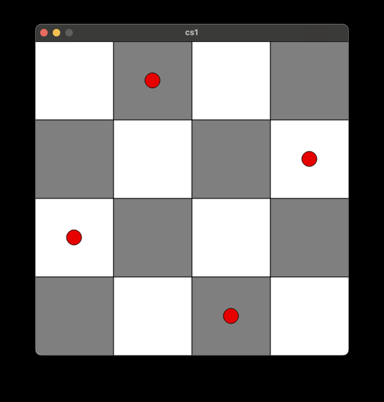 Four-by-four chessboard with four red queen markers in nonattacking positions