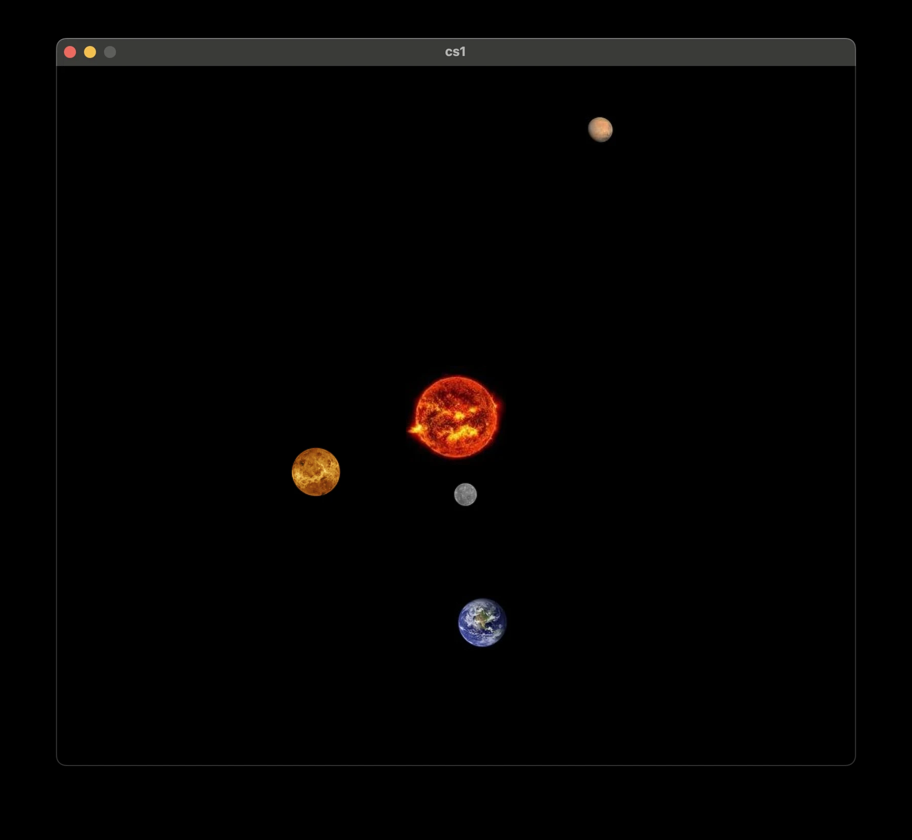 Python graphics window showing the Sun and planet images against a black background