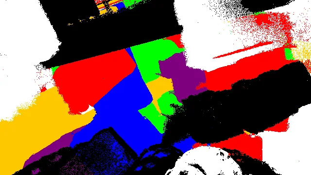 CamPaint painting canvas with overlapping red, blue, green, purple, yellow, black, and white painted regions