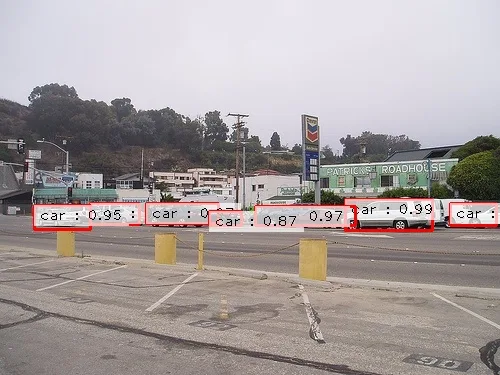 Faster R-CNN predictions around five parked cars