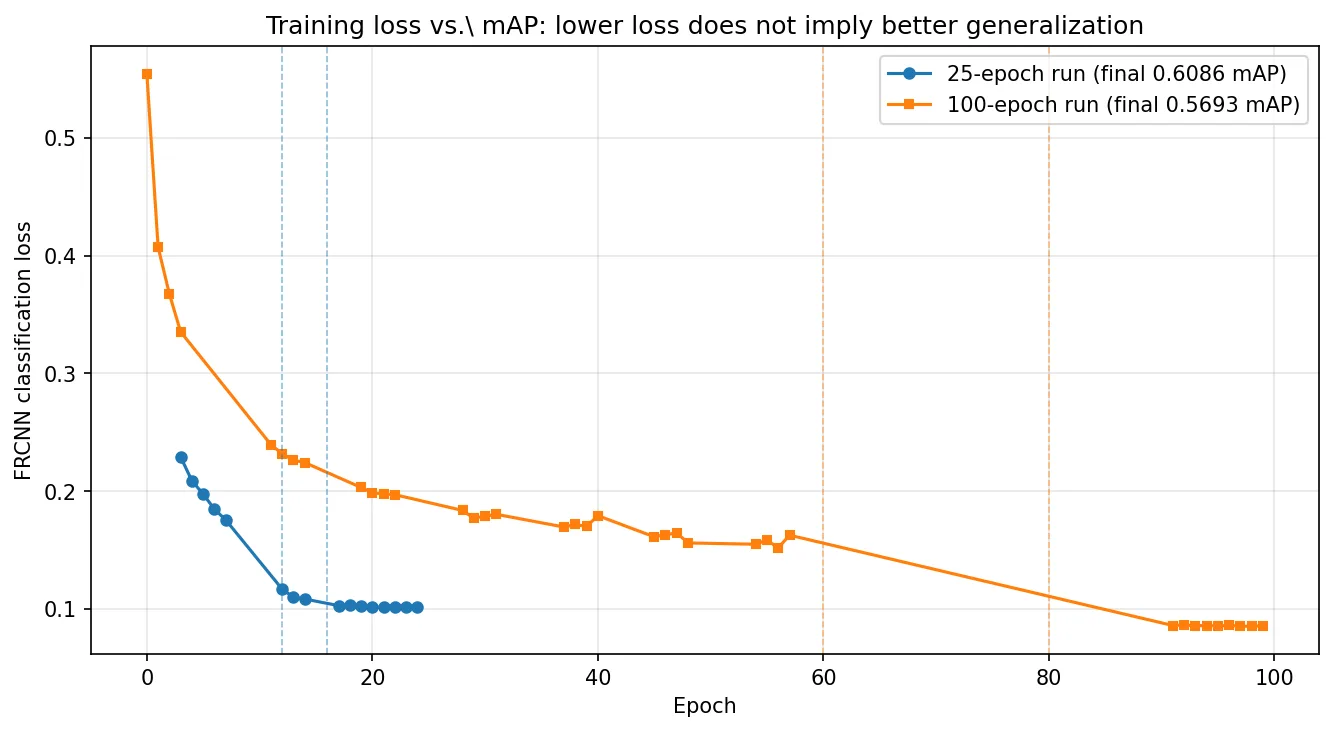 Comparison of Faster R-CNN classification loss in 25-epoch and 100-epoch runs